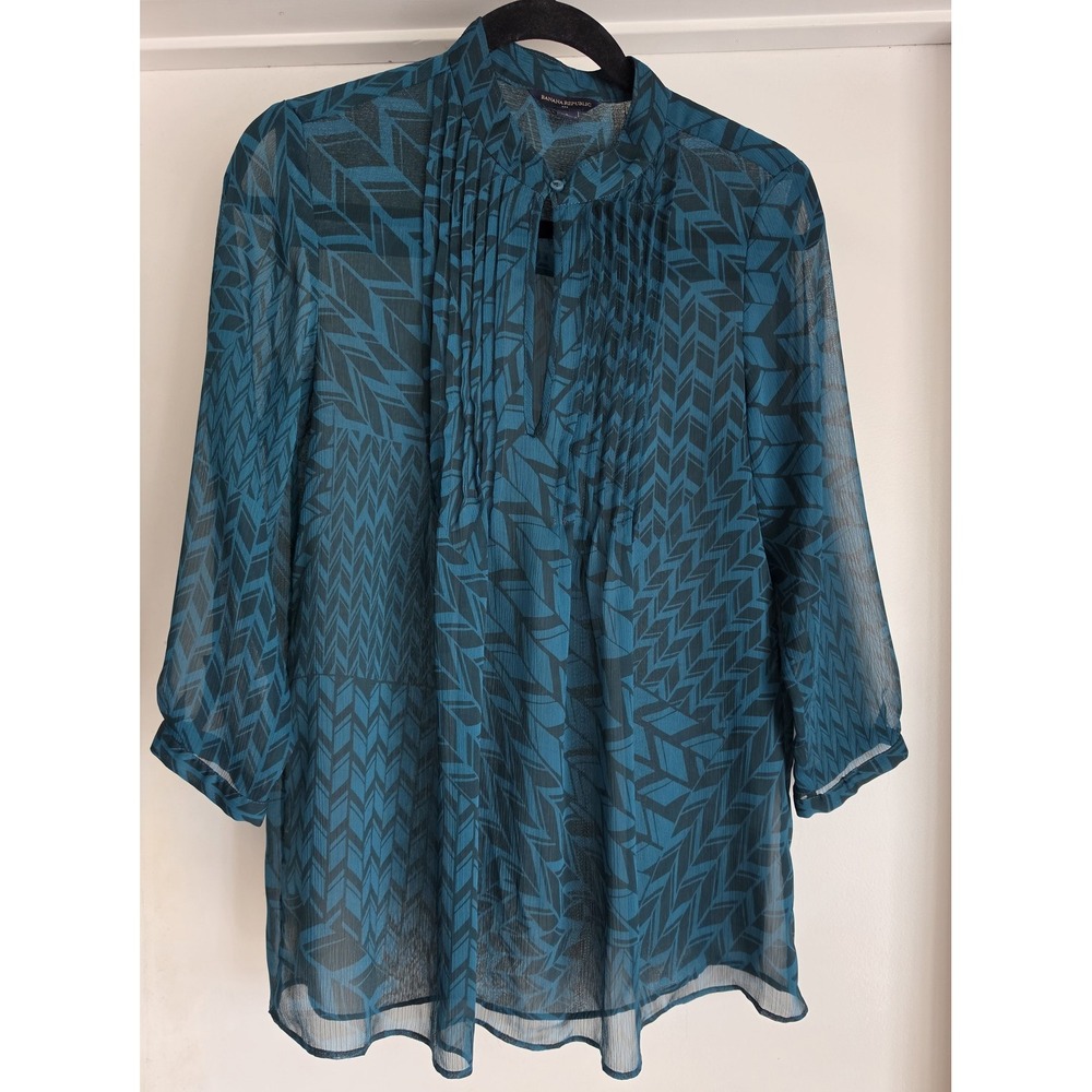 Banana Republic Blouse Women S Teal Geometric Collared Long Sleeve Tunic Top